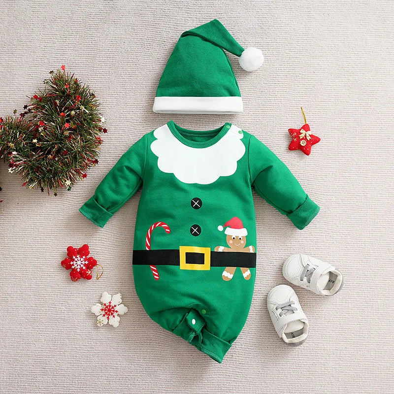 Sparkdräkt jul i bomull med långa ärmar och tryckknappar – tomte- eller renmotiv | juldräkt baby